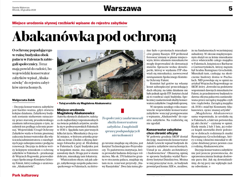 Gazeta Wyborcza Stołeczna 19_12_2023_s.5 Abakanówka pod ochroną